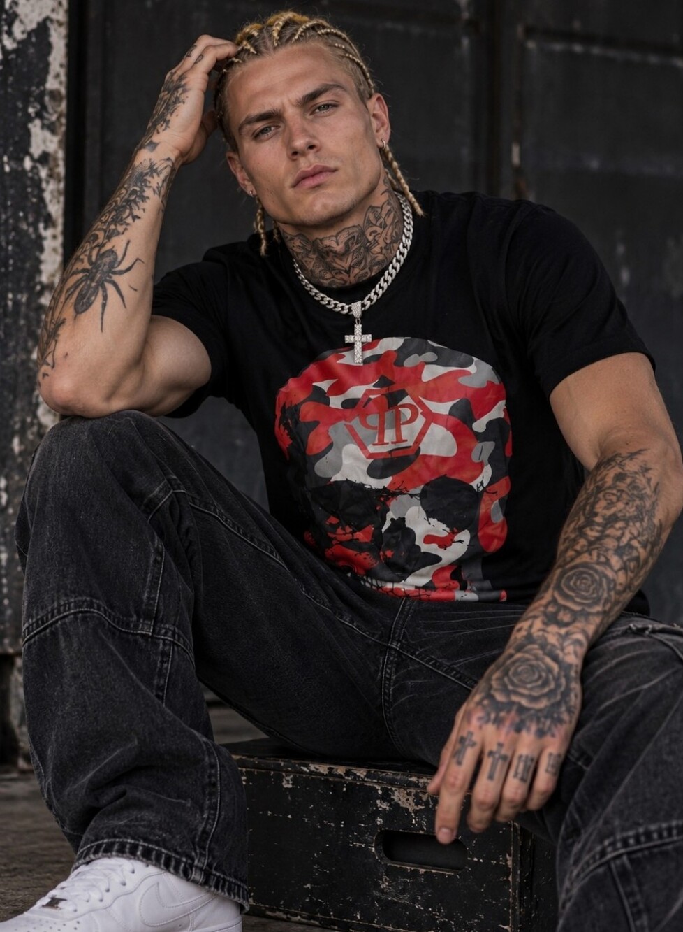 Philipp Plein Homme Skull Graphic T-Shirt 3XL Fits M Camo Luxury Streetwear CC